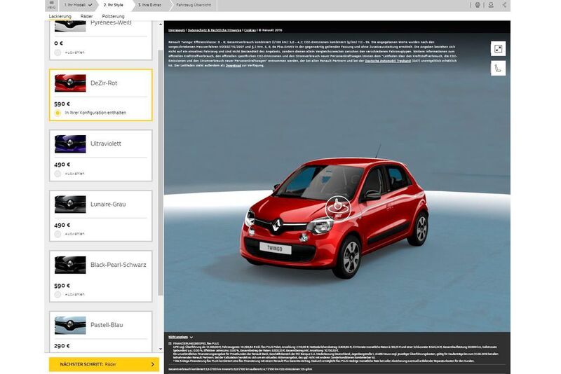 Platz 9: Bei Renault präsentiert sich das Auto zwar in 360-Grad-Perspektive, posiert aber vor einem lahmen Hintergrund. (Screenshot Renault)