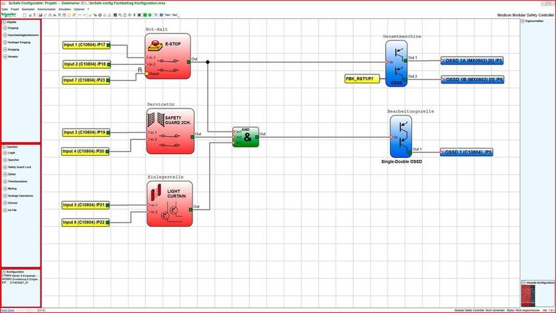 Mit der lizenzfreien Software So Safe Configurable lassen sich komplexe Sicherheitskonzepte per Mausklick realisieren. Auch Simulation und Diagnose sind damit möglich.  (Schneider Electric)
