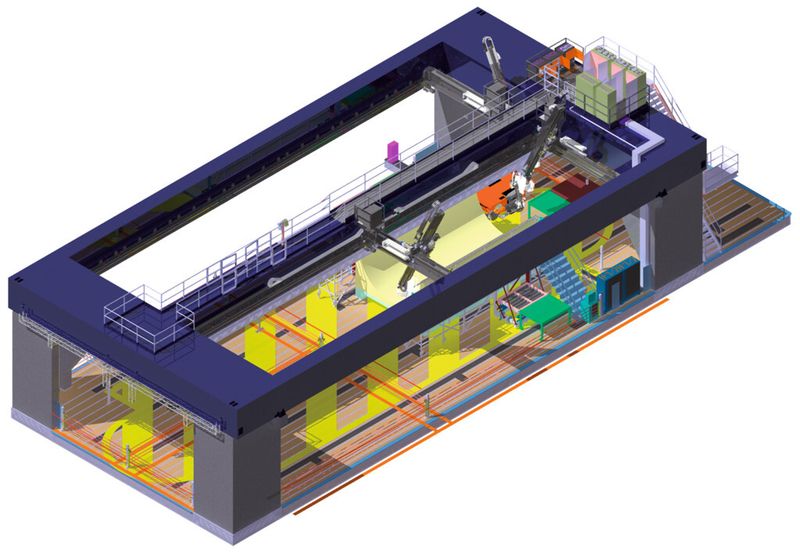 Zur Entwicklung von Prozessketten für CFK-Großteile wird eine multifunktionale Roboterzelle (MFZ) mit integrierter Qualitätskontrolle im Industriemaßstaß aufgebaut. (DLR ZLP)