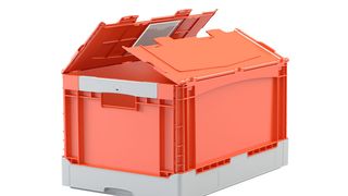 Die Bitobox EQ: Der Klappdeckel lässt sich sicher verplomben, und mit den Schwenkgriffen kann der Lagerarbeiter oder Zusteller den Behälter bequem tragen. (Bild: Bito)