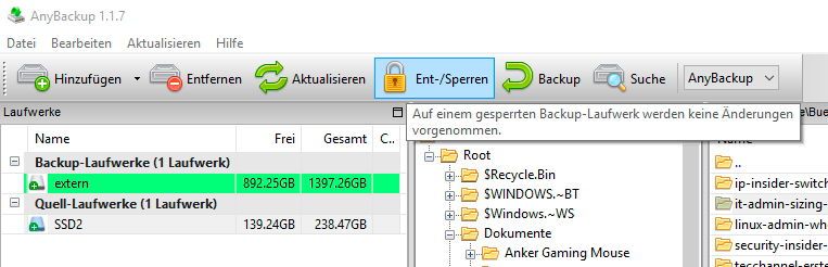 Über die Schaltfläche „Ent-/Sperren“ lassen sich einzelne Ziellaufwerke sperren, sodass auf diese Laufwerke keine Dateien kopiert werden. Dadurch ist es möglich, wichtige Datensicherungen zu schützen. (Bild: Thomas Joos)