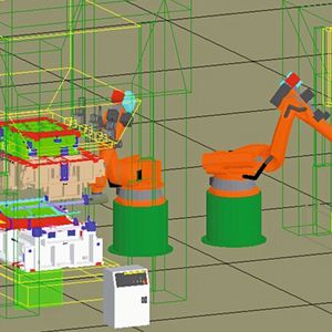 Simulation der Pressenbeschickung mit Robotern.