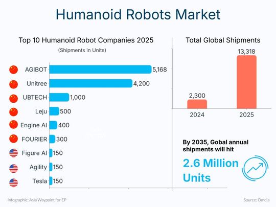 Die Verkaufszahlen für humanoide Roboter im Jahr 2025.(Bild:  Asia Waypoint)