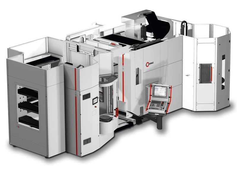Handlingsystem  HS flex mit zwei Speichermodulen adaptiert an ein 5-Achsen-Bearbeitungszentrum C 32. (Hermle)