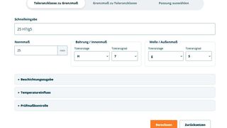 Die Eingabe im Online-Passungsrechner: Aus Nennmaß und Toleranzklasse werden schnell Mintest- und Höchstmaß, Grenzabmessungen, Toleranzfeld und Übermaß ermittelt (Bild: Instawerk)