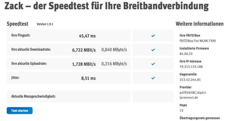 Tool 6: Um die Leistung einer Internetleitung zu testen, können Administratoren die AVM-Webseite verwenden. Ein Onlinetool misst die Pingzeit, zeigt Download- und Uploadgeschwindigkeit sowie weitere Informationen an, die zur Leistungsmessung wichtig sind. Auch Paketverluste lassen sich mit AVM Zack ermitteln. (Bild: Joos)