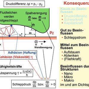 Dieses Bild zeigt stark vereinfacht die physikalischen Zusammenhänge in einem engen Dichtspalt. Infolge Adhäsion (Anhangskraft) haften die wandnächsten Fluidteilchen an der Spaltwand und haben immer Wandgeschwindigkeit.