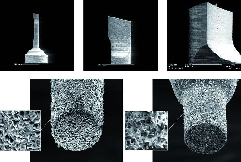 Bild 2: Mikroschaftfräser mit einem Durchmesser von 20 µm (a bis c), Mikroschleifstift mit CBN-Körnung mit 30 µm Durchmesser (d) und Diamantkörnung mit einem Durchmesser von 40 µm (e). (Archiv: Vogel Business Media)