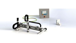 Das Driveset M387F ist mit seiner Verfahrgeschwindigkeit von 1 m/s hoch dynamisch. Die vertikale Achse verfährt mit geringerer Geschwindigkeit, stellt dafür aber das montierte Werkzeug hochgenau zu. (Systec)