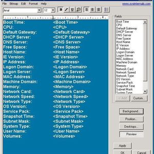 Abbildung 1: Voreinstellungen von BGInfo 4.16 in englischer Sprache. Es lohnt sich aber die Voreinstellungen gleich zu löschen und das Textfeld nach eigenen Bedürfnissen neu zu beschreiben. Die folgenden Abbildungen geben hierfür wichtige Hinweise.