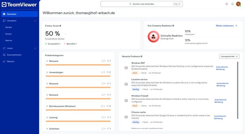 Das Home Dashboard zeigt Fitness-Score, Company-Readiness-Stufe, Problemkategorien und die jüngsten DEX-Essentials-Befunde mit automatischer Behebung. (Bild: Joos - TeamViewer)