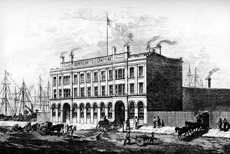 1870 - die Kabelfabrik in London-Woodwich: Im Zuge der Erfolge durch den Fernschreiber bekamen Siemens&Halkse immer größere Aufträge, für die auch eine weitere Erfindung aus dem Jahr 1847 sinnvoll einsetzbar war: Ein komplett nahtlos isoliertes Kupferkabel (Bild: Siemens)