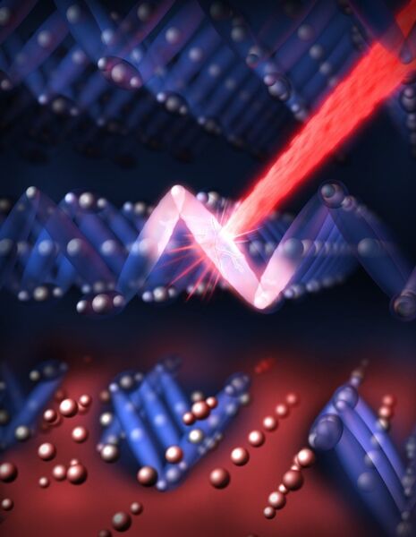 Die Darstellung zeigt, wie ein Laser-Impuls (rot) die nicht-leitende Struktur (blau) im Magnetit stört und so einen leitenden Bereich schafft (Greg Stewart/SLAC)
