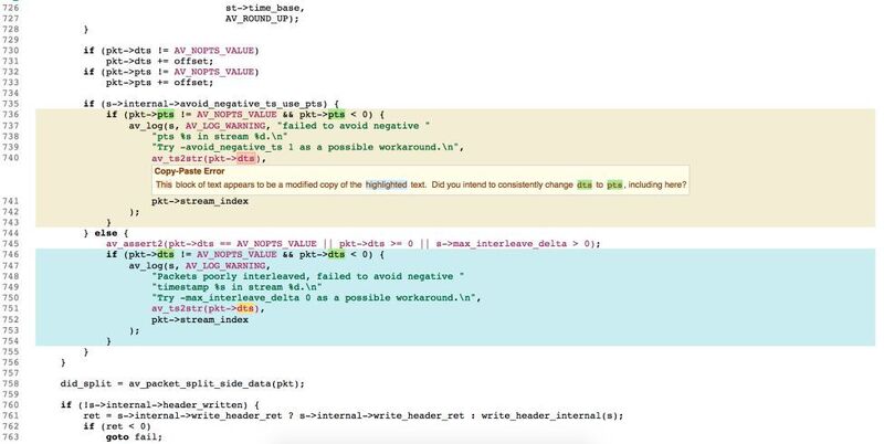 Bild 2: Dieser Fehler in FFmpeg ist ebenfalls typisch für kopierten Code. An einer Stelle wurde die notwendige Ersetzung einer Variablen übersehen. (GrammaTech)
