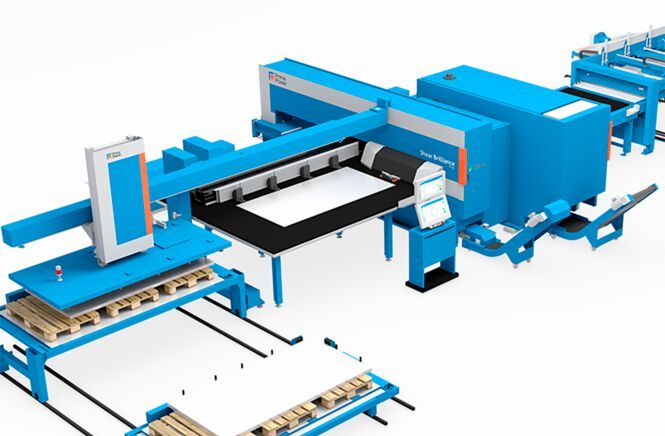Anlagenkonzept einer Stanz-Scher-Maschine von Prima Power. Wie der Hersteller betont, erreiche sie beim Nibbeln eine bisher nicht machbare Hubgeschwindigkeit von 3.100 Hüben pro Minute. (Bild: Prima Power)