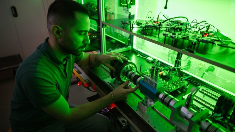 Um die Temperaturverteilung im Elektromotor in Echtzeit mit KI-Methoden schätzen zu können, sammelte Doktorand Saeed Farzami aus dem Team von Professor Matthias Nienhaus an einem selbstentwickelten Teststand Massen von Daten.(Bild:  Oliver Dietze)