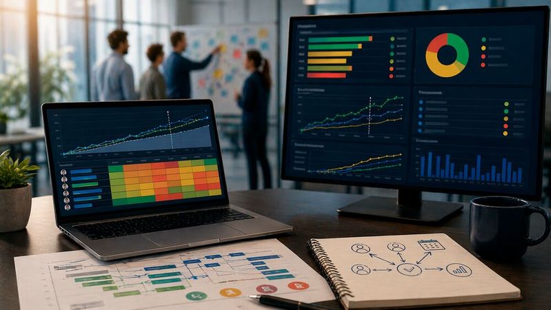 Dashboards und Kapazitätsübersichten verdichten Projekt-, Team- und Ticketdaten zu einer belastbaren Statussicht. So lassen sich Engpässe, unrealistische Zuteilungen und Terminrisiken frühzeitig erkennen.(Bild:  Dall-E / KI-generiert)