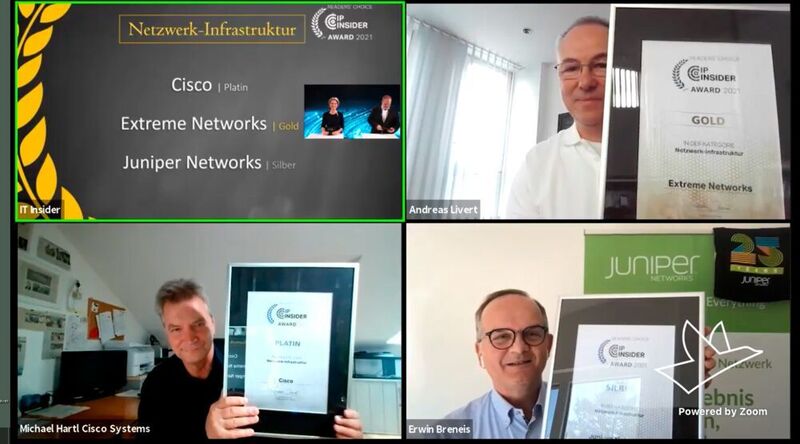 In der Kategorie „Netzwerk-Infrastruktur“ haben gewonnen: Michael Hartl (Cisco) [unten links; Platin], Andreas Livert (Extreme Networks) [oben rechts; Gold] und Erwin Breneis (Juniper Networks) [unten rechts; Silber]. (Vogel IT-Medien)