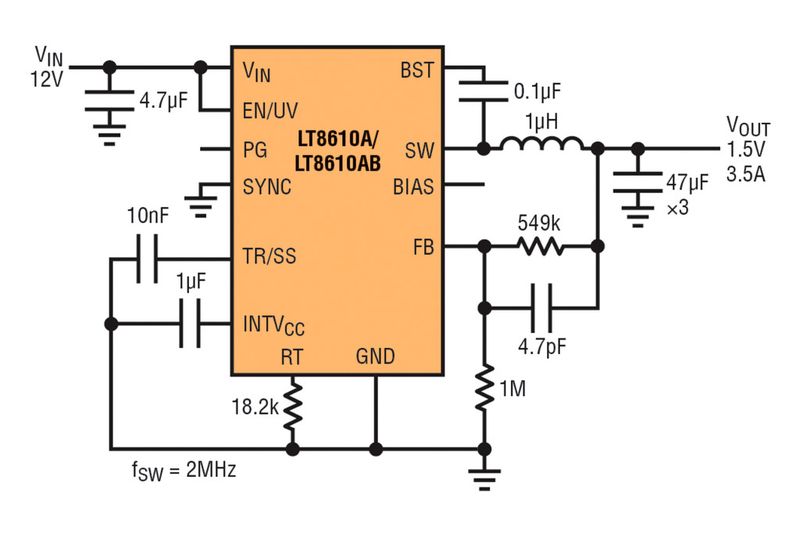 Bild 6: Für die Worst-Case-On-Zeit von minimal 45 ns können LT8610A und LT8610AB auf 2 MHz Schaltfrequenz programmiert werden.  (Bild: Linear Technology)