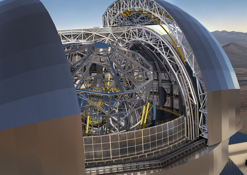 Diese künstlerische Darstellung des E-ELT beruht auf dem detaillierten Konstruktionsentwurf für das Teleskop. (ESO/L. Calçada/ACe Consortium)