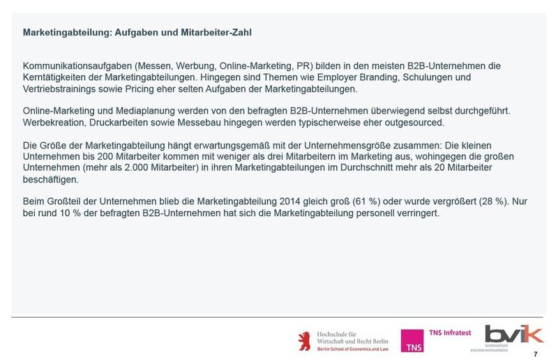 Unsere Bildergalerie zeigt Ausschnitte aus der Kurzzusammenfassung der bvik-Studie B2B-Marketing-Budgets 2014. (Bildquelle: bvik-Studie B2B-Marketing-Budgets 2014 © bvik)