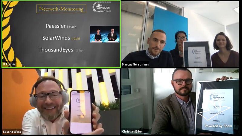 Und die Gewinner in der Kategorie „Netzwerk-Monitoring“ sind: Christian Erber (Paessler) [unten rechts; Platin], Sascha Giese (SolarWinds) [unten links; Gold] und Marcus Gerstmann mit seinen Kolleginnen Sailu Zhou [Mitte] und Margit Weichselbaumer (ThousandEyes) [oben rechts; Silber]. (Vogel IT-Medien)
