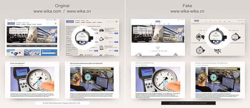 Auch in diesem Jahr ist Wika wieder unter den Geschädigten. Allerdings geht es diesmal nicht um ein spezifisches Produkt. Stattdessen wurde direkt die komplette Webseite des Unternehmens gefälscht – und zwar von Chu Chaofeng aus Shanghai (China, Fälschung rechts). Die Aktion Plagiarius verlieh dafür den Sonderpreis „Identitätsklau“.  (Bild: Aktion Plagiarius e.V.)