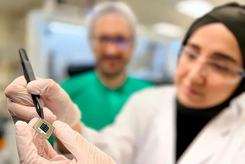 KAUST-Postdoktorandin Dr. Esma Ugur zeigt die Perowskit/Silizium-Tandemsolarzelle, die sie und ihr Team im KAUST-Photovoltaiklabor entwickelt haben und die mit 33,2 Prozent PCE als die weltweit effizienteste Silizium/Perowskit-Tandemsolarzelle gilt.  (Bild: KAUST)