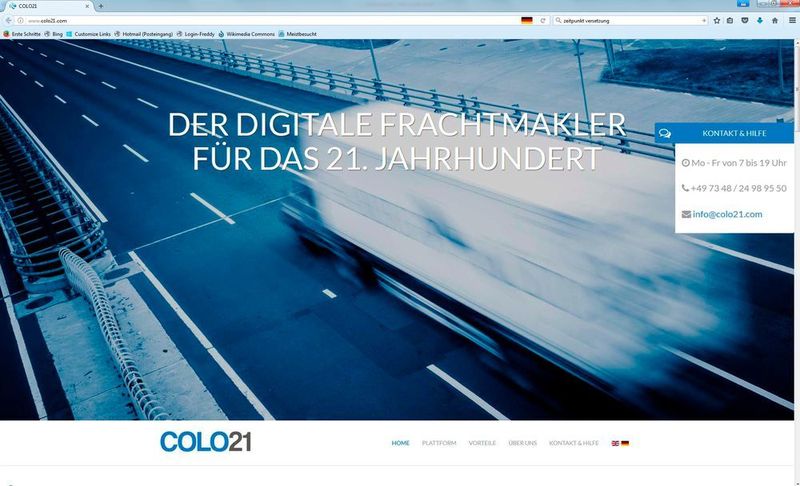 Als digitaler Frachtmakler für das 21. Jahrhundert sieht sich die COLO21 AG, Ulm. Mit Hilfe der Plattform www.colo21.com findet man Speditionen, die flexible, stabile und transparente Stückgutnetze aufgebaut haben, aber auch Spezialisten für logistische Sonderaufgeben. In Echtzeit lässt sich verfolgen, wo die die jeweiligen Sendungen sind. Auch der Ablieferbeleg inklusive Empfängerunterschrift kann unmittelbar nach Auslieferung online eingesehen werden. COLO21 hat 1200 registrierte Spediteure und über regstrierte 200 Verlader.  (colo21)