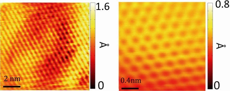 Atomically resolved scanning tunneling microscopic images of graphene grown on a copper (111) single crystal, with increasing magnification from left to right.  (Source: Nature Communications)