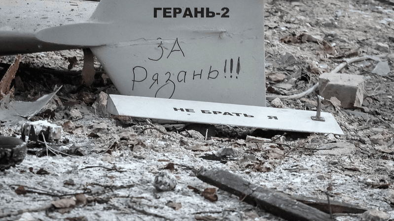 This Geran‑2, a Russian version of the Iranian kamikaze UAV Shahed-136, bearing a thermobaric warhead of 40 kg, was downed over Ukraine in 2022. In 2026, Russia has fielded experimental interceptor type Geran 2s carrying R 60 air to air missiles to try to intercept the interceptors. (Source:  GUR/Ukrainian Defence Intelligence via Sergey Beskrestnov)