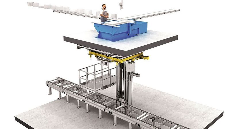 Die Fast-Pick-Station von Winkel besteht aus einem Kommissioniertisch auf einer Plattform, einem darunterliegenden Schacht sowie einem darin integrierten Folienstretcher. (Winkel)