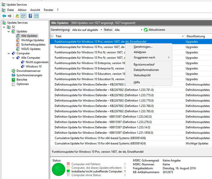 Nachdem sich WSUS synchronisiert hat, erscheinen die verschiedenen Windows 10-Updates im Bereich „Alle Updates“. Hier ist auch das Anniversary Update zu finden. Bei der Genehmigung des Anniversary Updates müssen noch Lizenzbedingungen bestätigt werden. Allerdings ist das nur einmal notwendig. (Joos / Microsoft)