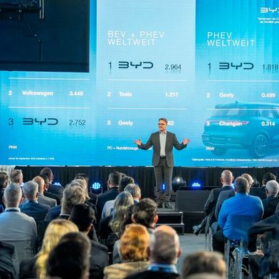 BYD-Countrymanager Lars Bialkowski begrüßte Mitte Dezember 200 Teilnehmer zur Händlertagung in Köln. (Bild: BYD)