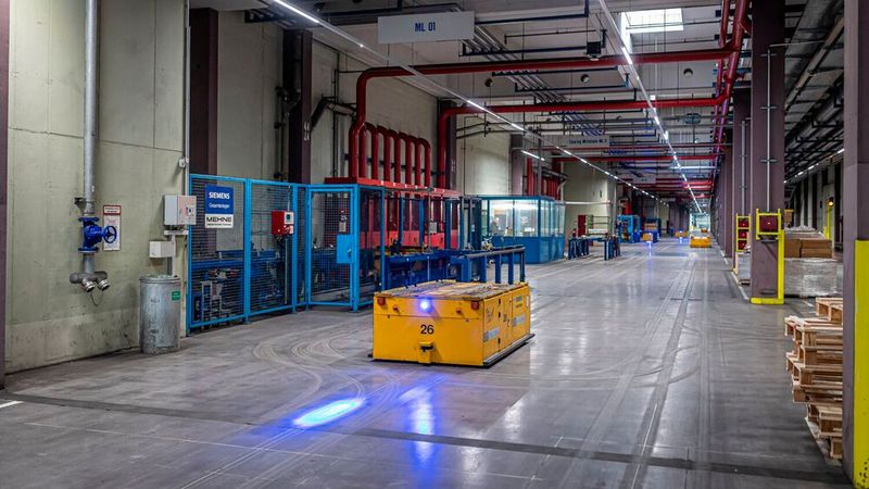 Nicht völlig, aber zum Teil autonom werden die Teile bzw. Gitterboxen durch das Zentrallager transportiert. Im Bild ein Roboterwagen auf Leerfahrt. (Bild: Mercedes-Benz Heritage GmbH)