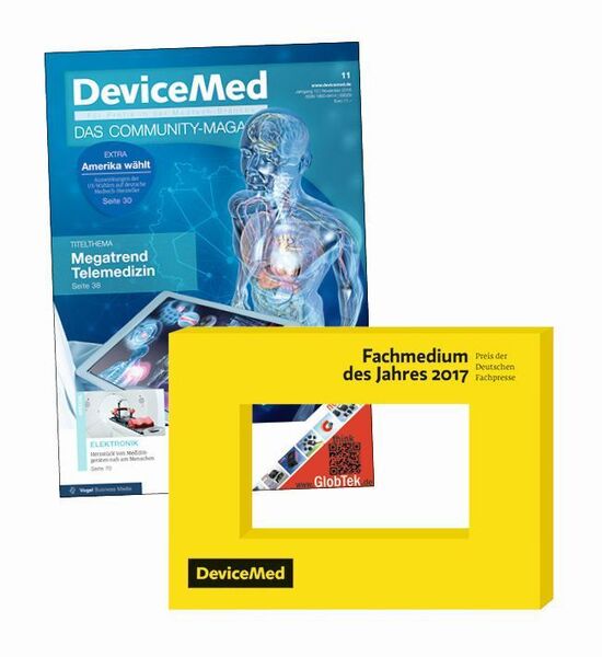 Die Bewerbungsausgabe vom November 2016 macht sich gut hinter der Siegertrophäe. (Deutsche Fachpresse / Devicemed)