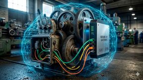 Sicherheit für Altanlagen: Modernes Secure OT Gateway an einem analogen Maschinengetriebe. (Bild: KI-generiert)