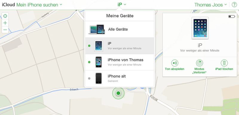 Über die Seite iCloud.com lassen sich die Geräte eines Kontos schnell und einfach finden, löschen und Anwender können Töne auf den Geräten abspielen lassen. Hierüber kann auch auf Daten zugegriffen werden. (Bild: Joos)