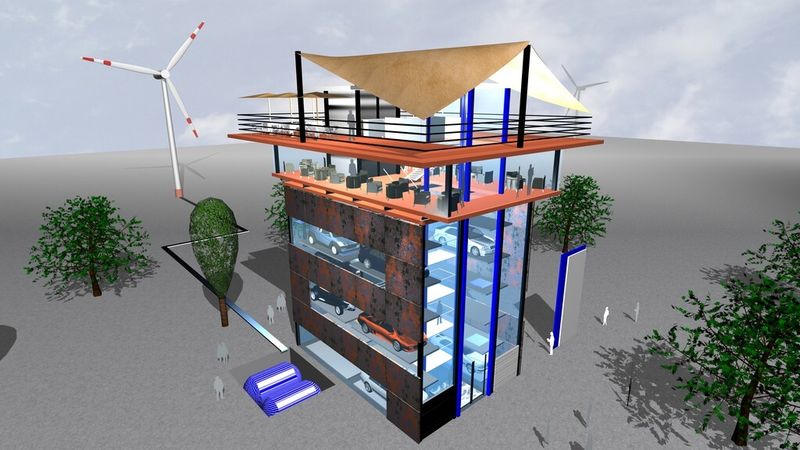 Der Turm für automatisiertes Parken & Laden von Elektrofahrzeugen ist als „E-Carsharing-Tower“ geplant. (Bild: FZI)