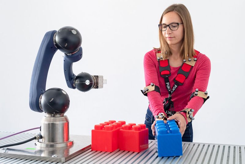 Gleichzeitig sammelt das Regelungszentrum des Roboters über im Raum installierte Kameras die Bewegungsdaten der in der Nähe arbeitenden Menschen. Aus diesen Daten erstellt ein mit Improv programmierter Roboter ein Modell der möglichen nächsten Bewegungen aller anwesenden Arbeiter und kann etwa vor einer Hand stehen bleiben, die sich ihm nähert – aber auch anderen sich nähernden Gegenständen. (Andreas Heddergott / TU Muenchen)