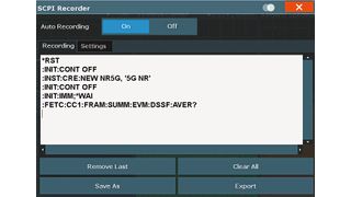Bild 5a: Der SCPI-Rekorder schreibt mit, was der Benutzer macht. Hier ruft er die 5G NR-Option auf, führt eine Messung durch und fragt dann die EVM ab.  (Bild: Rohde & Schwarz)