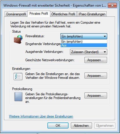 Um beispielsweise die Windows-Firewall für das Private Profil abzuschalten, selektieren Sie zuerst den Reiter „Privates Profile und dann unter Firewallstatus „Aus“. (Archiv: Vogel Business Media)