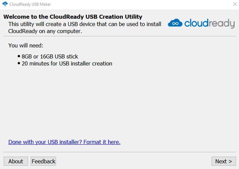Die Installation von CloudReady kann über einen Assistenten erfolgen. Zunächst wird über den USB-Maker ein Installationsdatenträger auf Basis eines USB-Sticks erstellt.  (© Neverware/Joos)