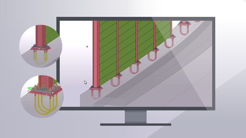 RiZ-Verankerungen: Verankerungsdetails einer Lärmschutzwand. Zahlreiche Standarddetails der Riz-ING sind als parametrische Bauteile in Tekla Structures verfügbar. (Bild: Trimble Germany GmbH)