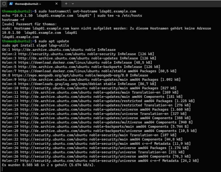 Das Terminal zeigt das Setzen des vollqualifizierten Hostnamens ldap01.example.com per hostnamectl, den Eintrag in /etc/hosts sowie den Start der Installation von slapd und ldap-utils auf Ubuntu 24.04. (Bild: Canonical - Joos)