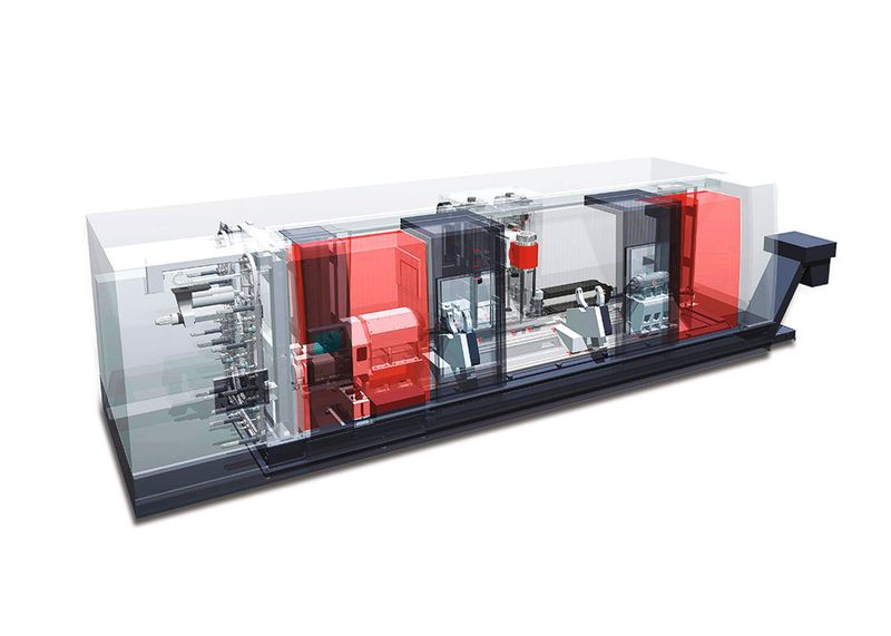 Optimale Stabiltät und Genauigkeit der Hyperturn 200 Powermill sind gewährleistet: Der Fahrständer ist in einer «Box-in-Box»-Ram-Konstruktion aufgebaut. (Bild: Emco)