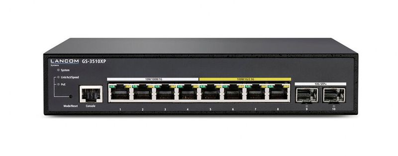 Lancom GS-3510XP: Lautloser 10-Port Multi-Gigabit Ethernet Access Switch mit PoE für kleine Büroumgebungen als Grundlage für kleinere Netzwerkinfrastrukturen, in welche Komponenten mit hohen Leistungsanforderungen, beispielsweise Wi-Fi 6 Access Points, eingebunden werden sollen. Durch 4x 2,5G- und 4x 1G-Ethernet-Ports sowie 2x 10G-SFP+-Uplink-Ports ist die Vernetzung von bis zu 10 Geräten möglich, Layer-3-Funktionen wie Static Routing und DHCP-Server prädestinieren ihn für den Einsatz in Small- und Homeoffices und für ein intelligentes Management. (Lancom Systems)