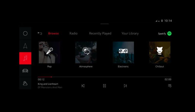 Integriertes Android-Betriebssystem im Audi Q8 sport concept: Die neuen Funktionen, darunter der Streaming-Dienst Spotify, Google Play Music und der Google Assistant, laufen im großen MMI-Touch-Display mittig im Dashboard. (AUDI AG)