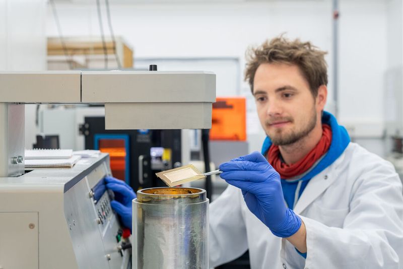 Doktorand Lukas Hiendlmeier beim Bearbeiten der Elektroden. Für die leitfähigen Strukturen wird unter Hochvakuum eine dünne Lage Gold auf das 3D gedruckte Substrat aufgebracht. Im Hintergrund: Lasersystem für die Strukturierung. (Bild: Andreas Heddergott / TU München)