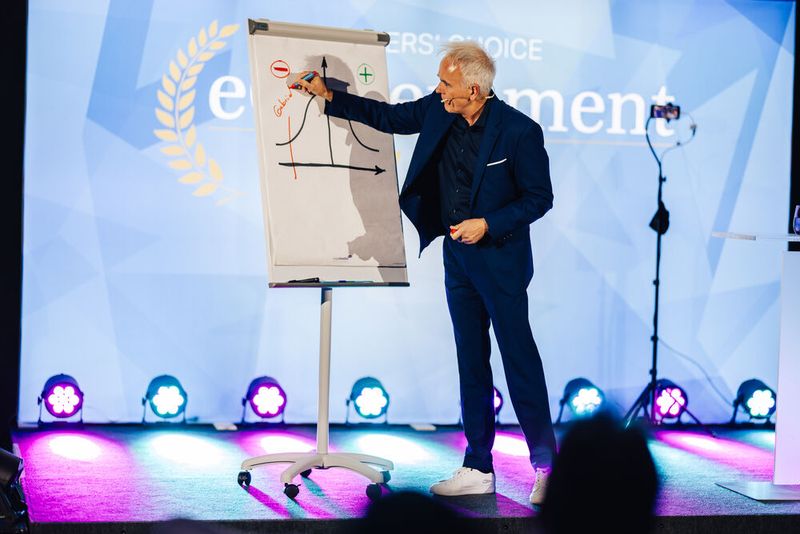 Vor dem zweiten Teil der Award-Verleihung ließ Showact Bernhard Wolff die Gäste eigenverantwortlich über ihren IQ abstimmen und ... (Bild: © Offenblende/Christoph Wehrer )